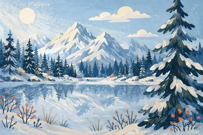 Frozen Alpine Lake with Snowy Mountain Reflection