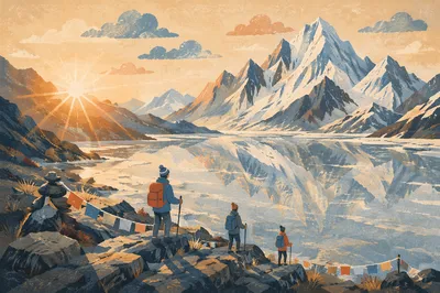 Frozen Alpine Lake Reflecting Snowy Peaks