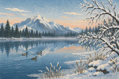 Frozen Lake Dawn With Mountain Reflections