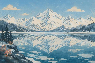 Frozen Alpine Lake and Mountain Reflection