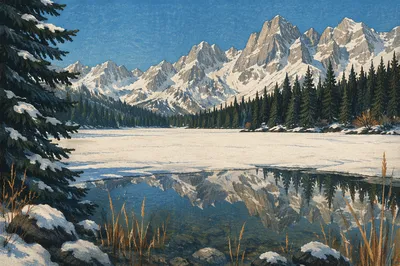 Frozen Alpine Lake with Mountain Reflection