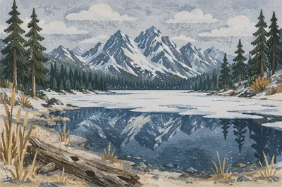 Frozen Alpine Lake with Mountain Reflection