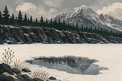 Frozen Alpine Lake and Snowy Mountain Reflection