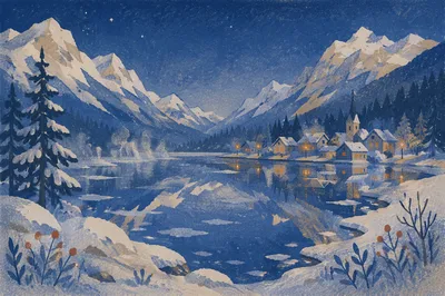 Frozen Alpine Lake Reflecting Snowy Mountains