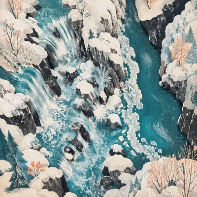 Frozen Waterfall Over Turquoise Winter Gorge