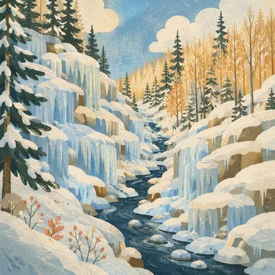 Frozen Waterfall in Serene Winter Gorge