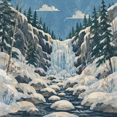 Frozen Waterfall in Winter Forest Ravine