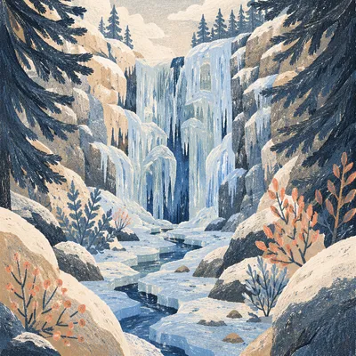 Secluded Frozen Waterfall in Blue Winter Gorge