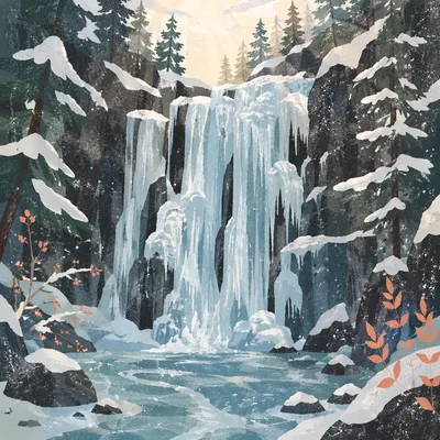 Frozen Blue Waterfall in Winter Ravine