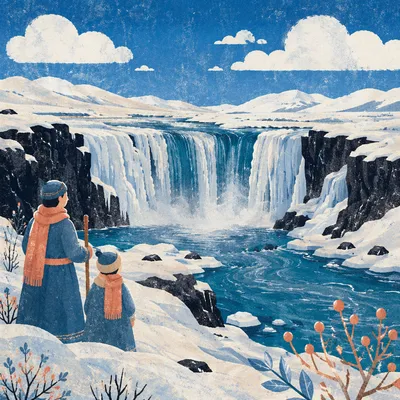Frozen Blue Waterfall in Winter Landscape