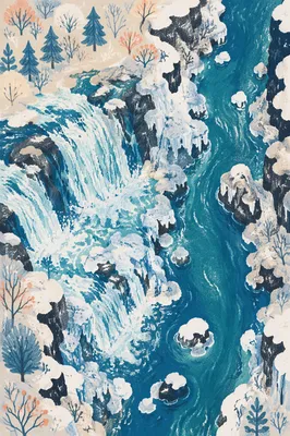 Frozen Waterfall Over Turquoise Winter Gorge