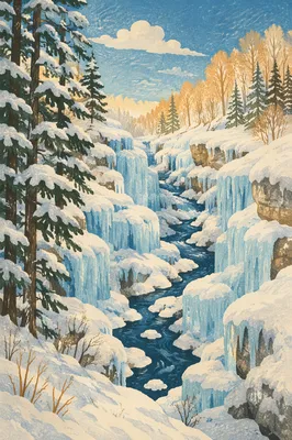 Frozen Waterfall in Serene Winter Gorge