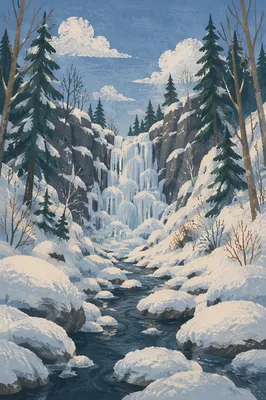 Frozen Waterfall in Winter Forest Ravine