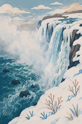 Frozen Waterfall with Turquoise Winter Rapids