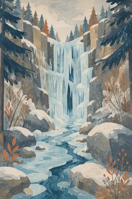 Secluded Frozen Waterfall in Blue Winter Gorge