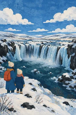 Frozen Blue Waterfall in Winter Landscape