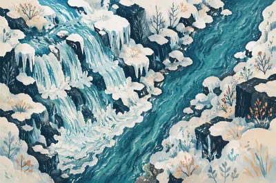 Frozen Waterfall Above Turquoise Winter Gorge
