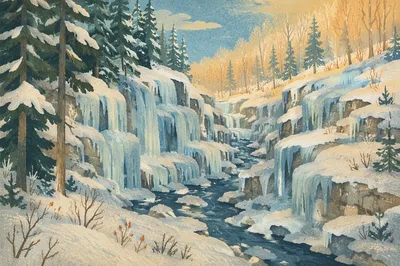 Frozen Waterfall in Serene Winter Gorge