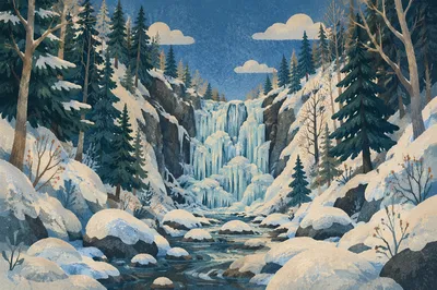 Frozen Waterfall in Winter Forest Ravine