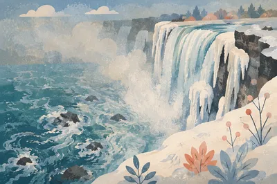 Frozen Waterfall Over Turquoise Winter Rapids