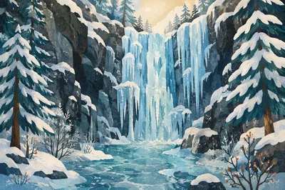 Frozen Blue Waterfall in Winter Ravine