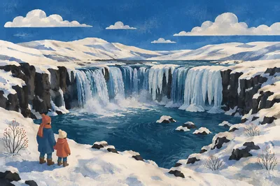 Frozen Blue Waterfall in Winter Landscape
