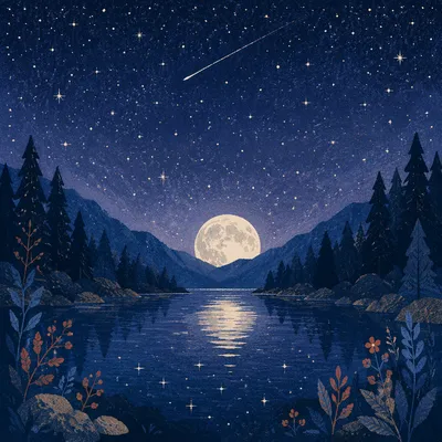 Full Moon Rising Over Mountain Lake