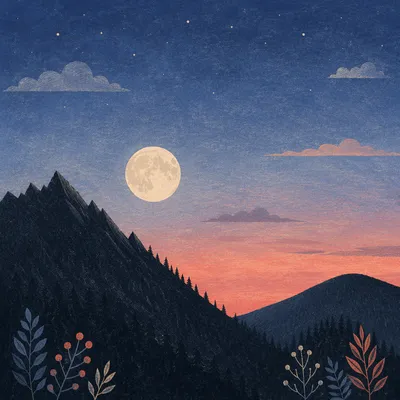 Full Moon Over Twilight Mountain Silhouette