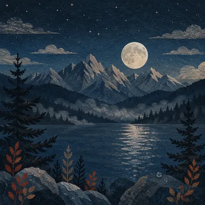 Full Moon Over Mountain Lake Night