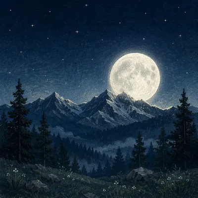Full Moon Over Mountain Silhouette Night