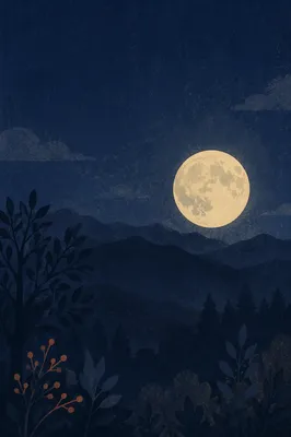 Full Moon Over Quiet Mountain Silhouettes