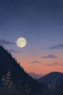 Full Moon Rising Over Mountain Silhouettes