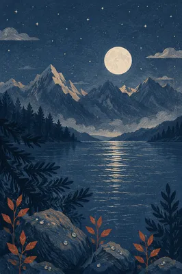 Full Moon Over Mountain Lake at Night