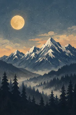 Full Moon Over Winter Mountain Silhouette