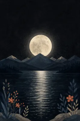 Full Moon Over Mountain Lake Night
