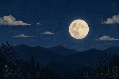 Full Moon Rising Over Mountain Silhouettes