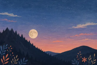 Full Moon Over Twilight Mountain Silhouettes