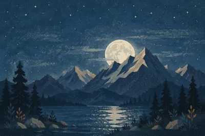 Full Moon Over Mountain Night Lake