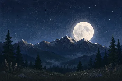 Full Moon Over Mountain Silhouette Night