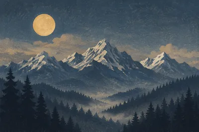 Full Moon Over Mountain Silhouette Night