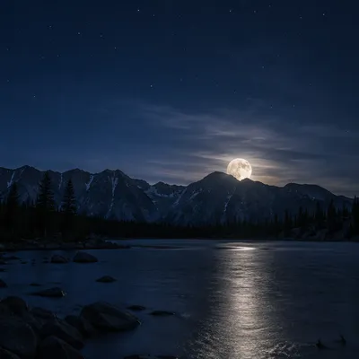 Full Moon Rising Over Mountain Lake