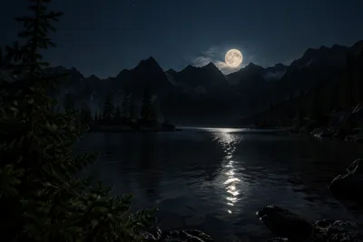 Full Moon Over Mountain Lake Night