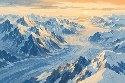 Remote Glacier Mountains in Golden Winter Light