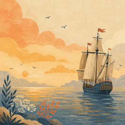 Golden Sunrise Tall Ship Ocean Horizon