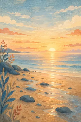 Golden Sunrise Over Calm Ocean Shore