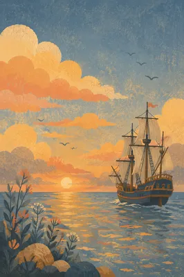 Golden Sunrise Tall Ship Ocean Horizon