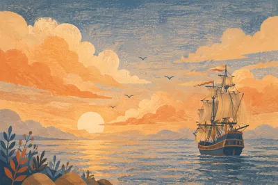 Golden Sunrise Ship on Calm Ocean