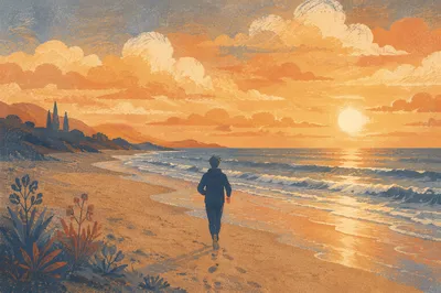 Golden Sunrise Walk Along Quiet Ocean