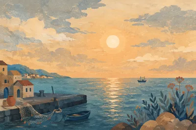 Golden Sunrise Over Calm Ocean Horizon