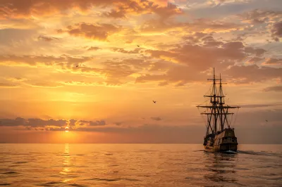 Golden Sunrise Tall Ship Ocean Horizon